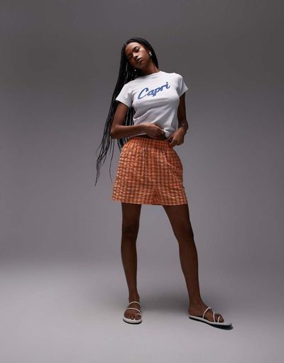 Topshop Topshop pull on gingham textured boxer shorts in orange