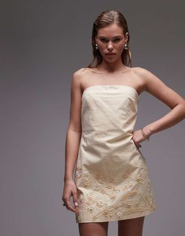 Topshop Topshop raffia embroidered structured bandeau dress in buttermilk-Yellow