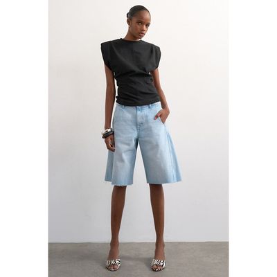 Topshop Topshop Raw Hem Knee Length Denim Barrel Shorts