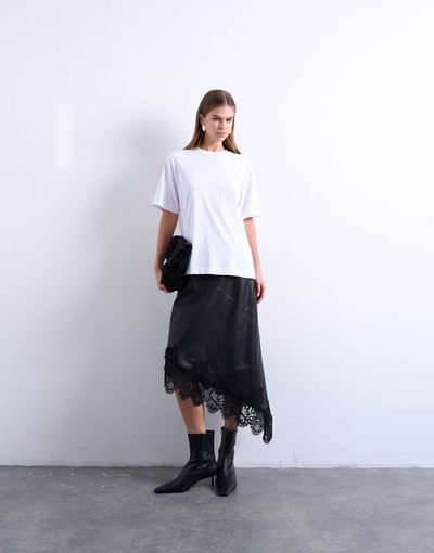 Topshop Topshop real leather lace insert midi skirt in black