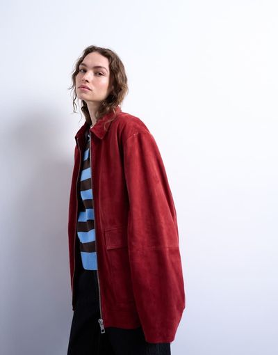 Topshop Topshop real suede CF zip up jacket in red-Orange