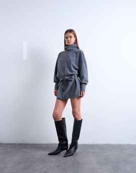 Topshop Topshop real suede high neck cinched waist long sleeve mini dress in petrol blue