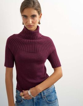 Topshop Topshop rib knit yoke funnel neck top in mulberry-Purple