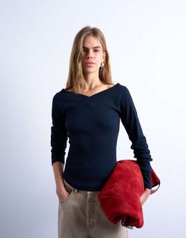 Topshop Topshop ribbed raglan v-neck long sleeve top in navy