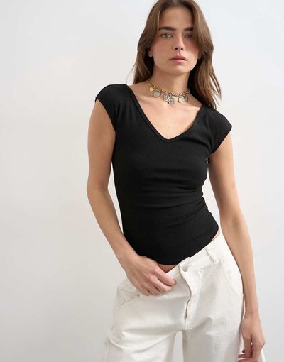 Topshop Topshop ribbed V-neck cap sleeve tank in black