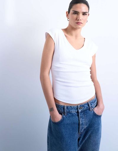 Topshop Topshop ribbed V-neck cap sleeve tank in white