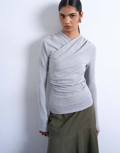 Topshop Topshop ruched wrap long sleeve top in gray heather