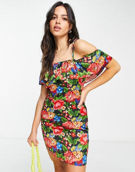 Topshop Topshop ruffle bardot dress with tie shoulder in multi floral