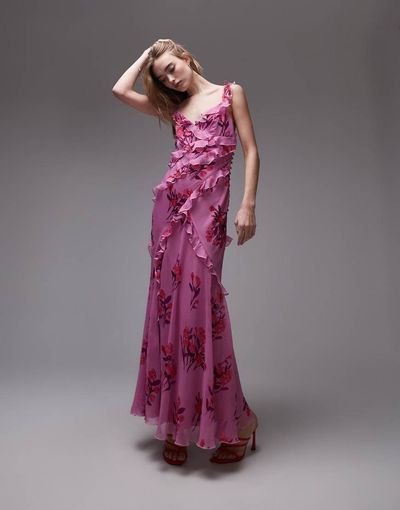 Topshop Topshop ruffle cami maxi slip dress in pink based floral