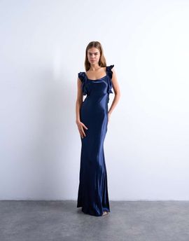 Topshop Topshop ruffle shoulders satin slip dress in navy