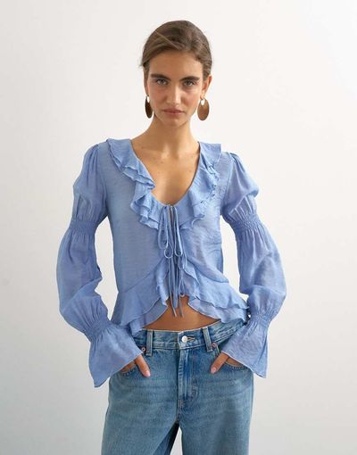 Topshop Topshop ruffle tie front long sleeve top in pale blue