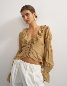 Topshop Topshop ruffle trim tie front long sleeve top in tan-Green