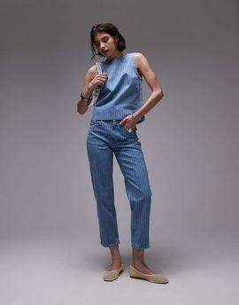 Topshop Topshop Runway mid rise straight cropped jeans in bleach stripe-Blue
