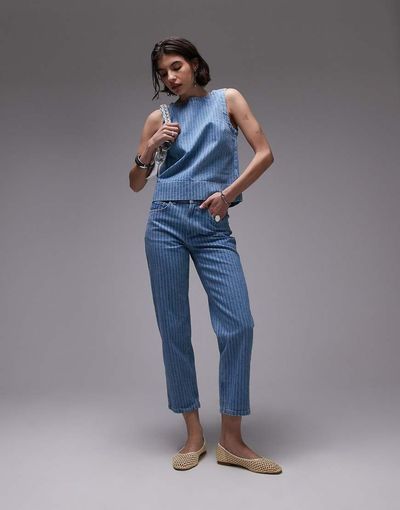 Topshop Topshop Runway mid rise straight cropped jeans in bleach stripe-Blue