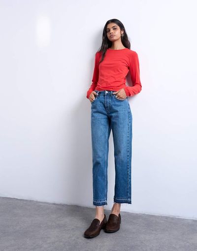 Topshop Topshop Runway mid rise straight leg cropped jeans with let down hem detailing in vintage blue