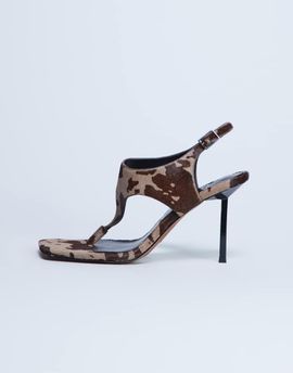 Topshop Topshop Sandy hair on real leather toe thong high heeled sandals in brown cow print