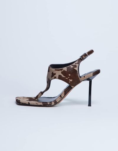 Topshop Topshop Sandy hair on real leather toe thong high heeled sandals in brown cow print