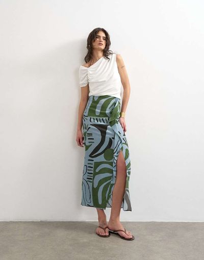 Topshop Topshop sarong maxi skirt in blue abstract leaf print - part of a set-Multi