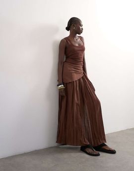 Topshop Topshop sash tie full circle crinkle maxi skirt in chocolate-Brown