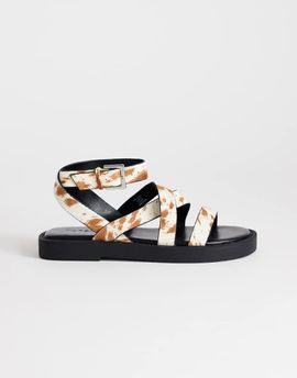 Topshop Topshop Sasha strappy flat sandals in cow print hair on real leather-White
