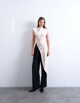 Topshop Topshop satin asymmetric hem tunic top with shoulder pads in oyster-Black