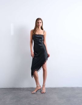 Topshop Topshop satin asymmetric lace trim midi slip dress in black polka dot