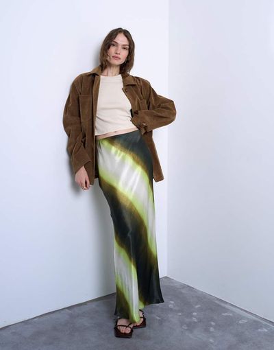 Topshop Topshop satin bias maxi skirt in lime ombre stripe-Green