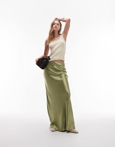 Topshop Topshop satin bias maxi skirt in olive-Green