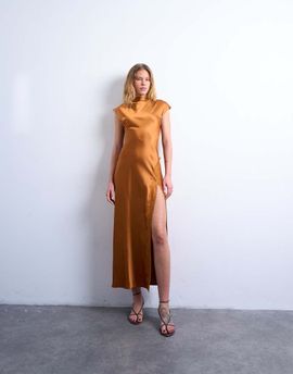 Topshop Topshop satin drape neck maxi dress with lace trim in caramel-Brown