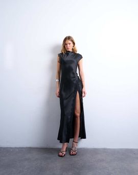 Topshop Topshop satin draped neck maxi dress with lace trim in black