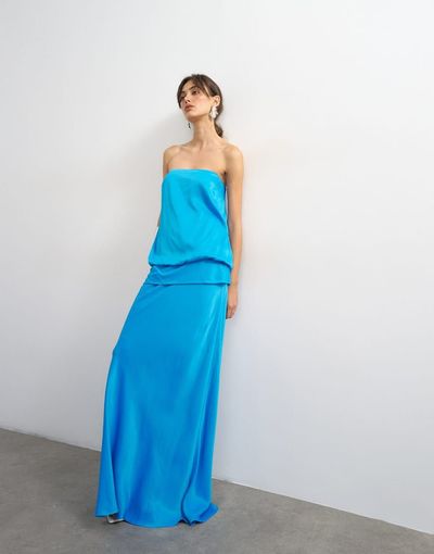 Topshop Topshop satin dropped waist blouson bandeau maxi dress in blue
