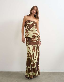 Topshop Topshop satin dropped waist blouson bandeau maxi dress in brown floral