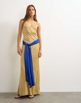 Topshop Topshop satin dropped waist maxi dress with contrast tie belt in gold and blue-No color