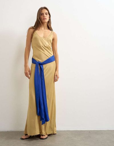 Topshop Topshop satin dropped waist maxi dress with contrast tie belt in gold and blue-No color