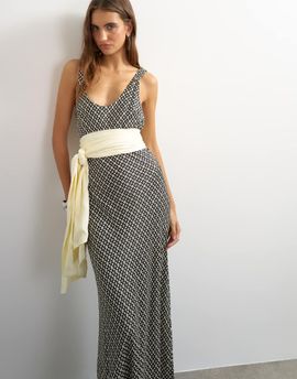 Topshop Topshop satin dropped waist maxi dress with contrast tie belt in mono geometric print-Multi
