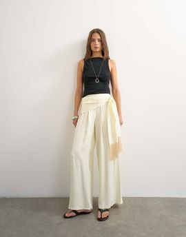 Topshop Topshop satin feel wrap pants with fringe detailing in cream - part of a set-Neutral