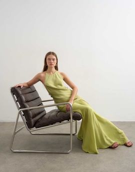 Topshop Topshop satin halter neck maxi dress with beaded back detailing in lime-Green