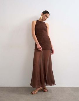 Topshop Topshop satin high neck pleated dropped waist maxi dress in chocolate-No color