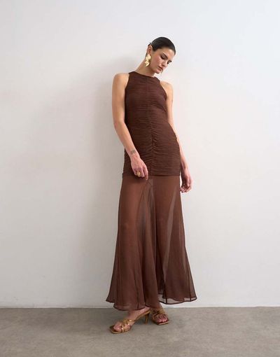 Topshop Topshop satin high neck pleated dropped waist maxi dress in chocolate-No color