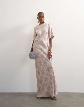 Topshop Topshop satin jacquard slash neck maxi dress in blue square print-MULTI