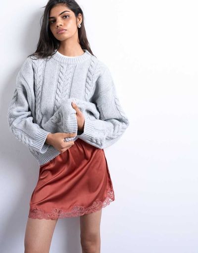 Topshop Topshop satin lace petticoat mini skirt in chutney-Orange