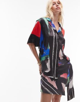 Topshop Topshop satin oversized resort shirt in tile scarf print-Multi