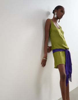 Topshop Topshop satin scoop neck dropped waist mini dress with fringed tie in green and purple-NEUTRAL