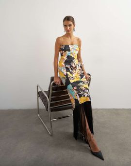 Topshop Topshop satin strappy square neck maxi dress with fringed hem in black based floral print-MULTI