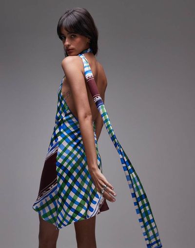 Topshop Topshop satin tie neck mini dress in scarf print-Multi