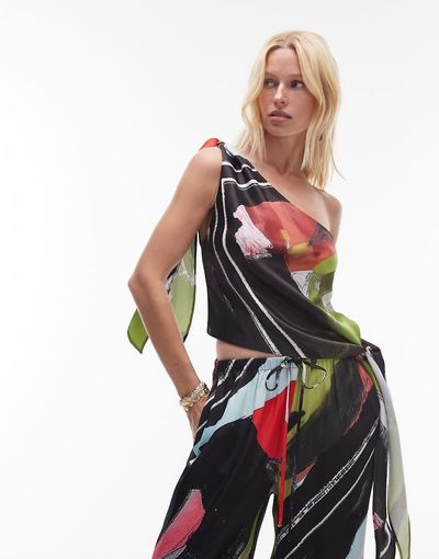 Topshop Topshop satin tie side one shoulder top in scarf print-Multi