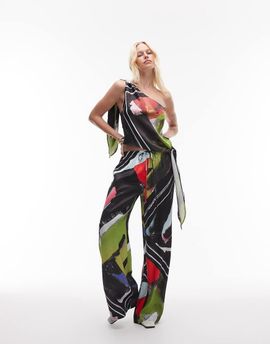 Topshop Topshop satin wide leg pants in scarf print-Multi
