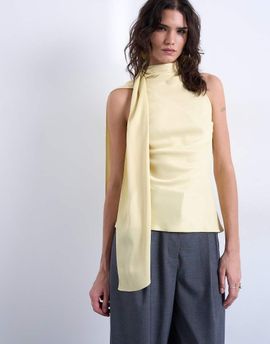 Topshop Topshop scarf detail satin top in buttermilk-Yellow