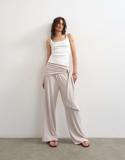 Topshop Topshop scarf tie detail soft pants in oat-Neutral