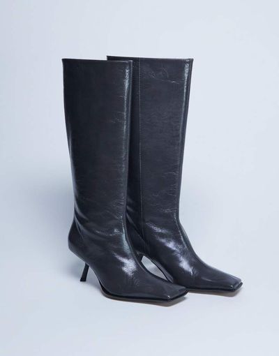 Topshop Topshop Scarlett Premium leather square toe knee high boots in gray
